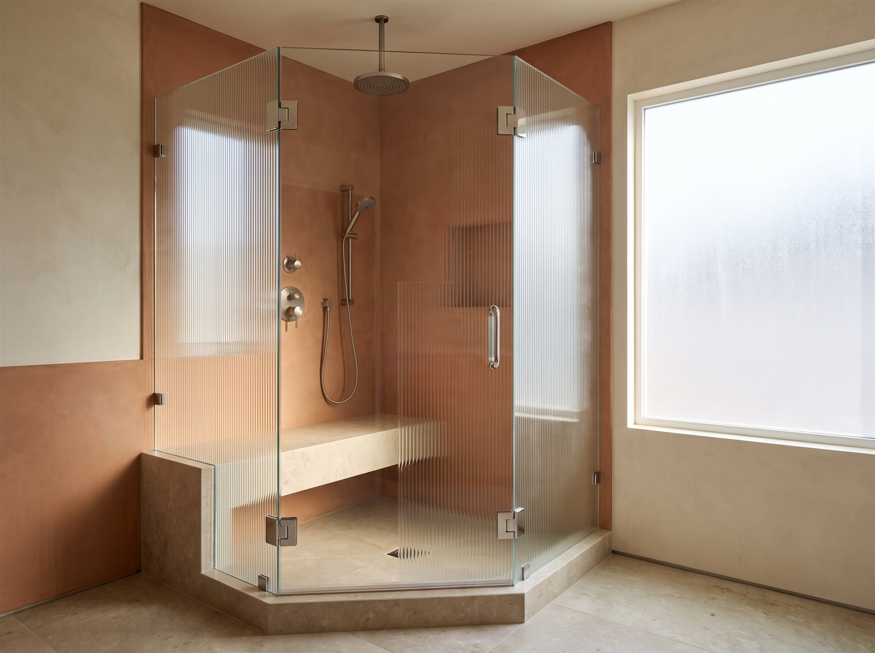 Corner shower enclosure in reeded fluted glass with chrome clamps