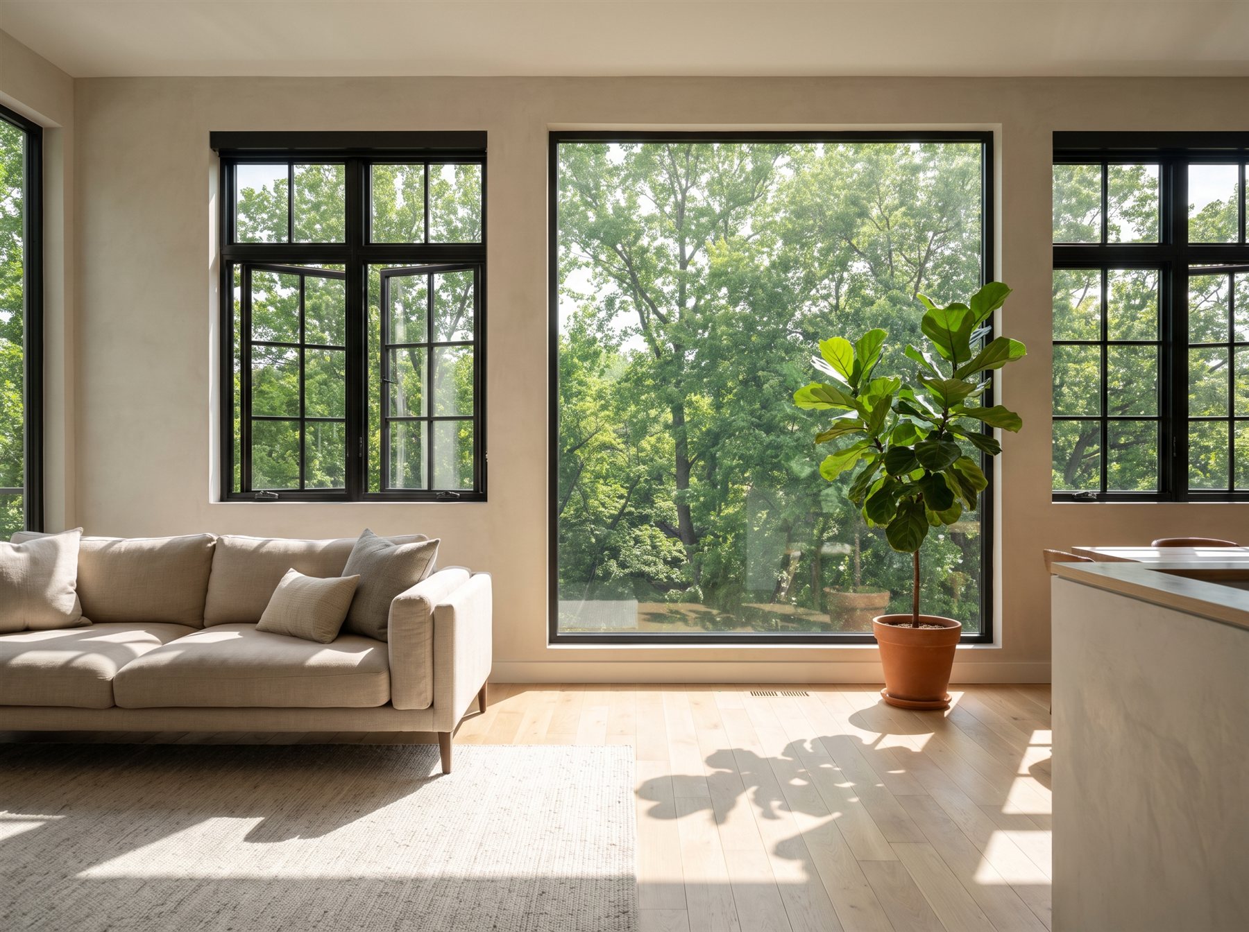 Oversized picture window and slim steel-framed casement windows in a bright living room