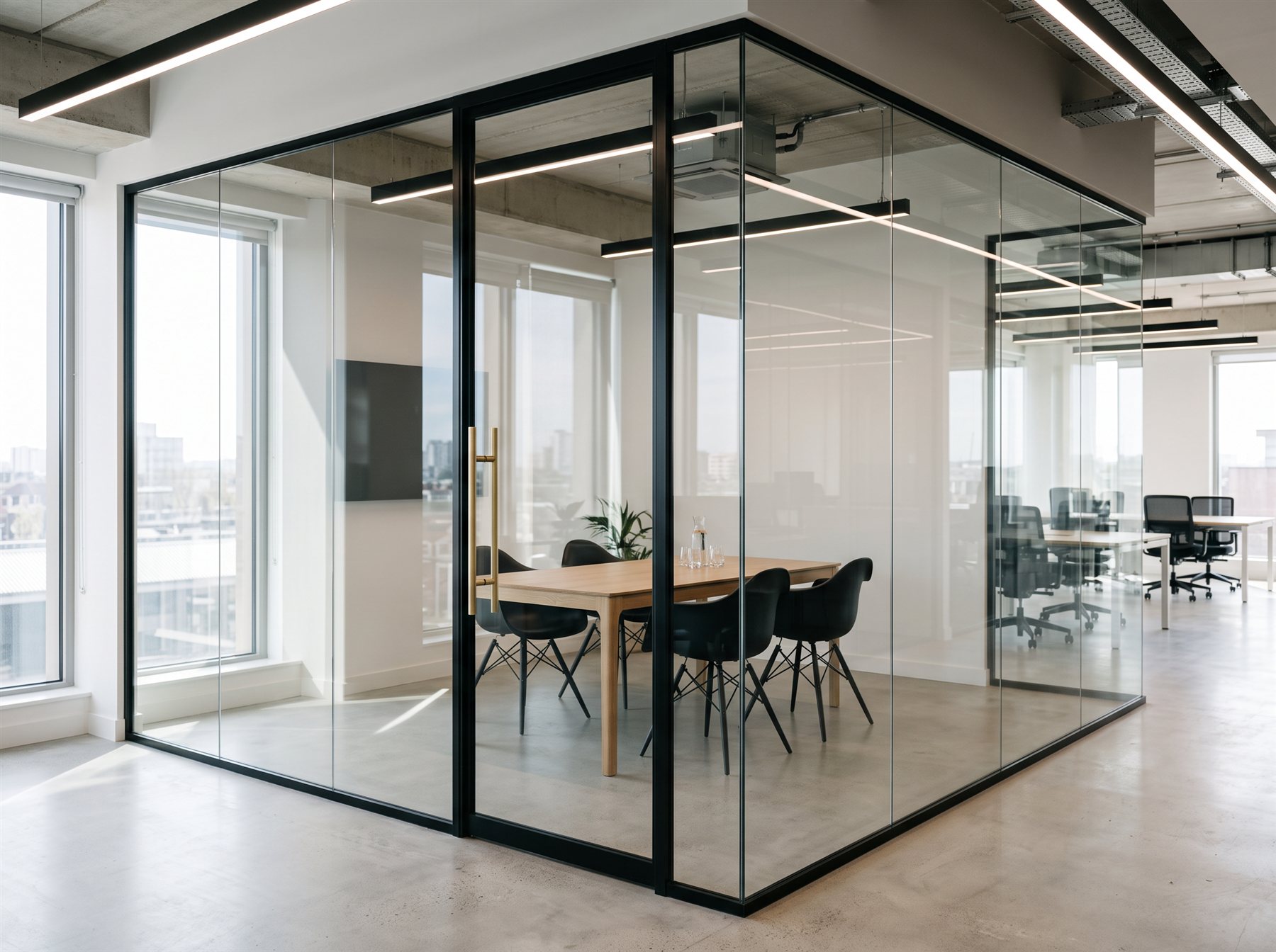 Floor to ceiling glass office partition walls forming a glazed meeting room